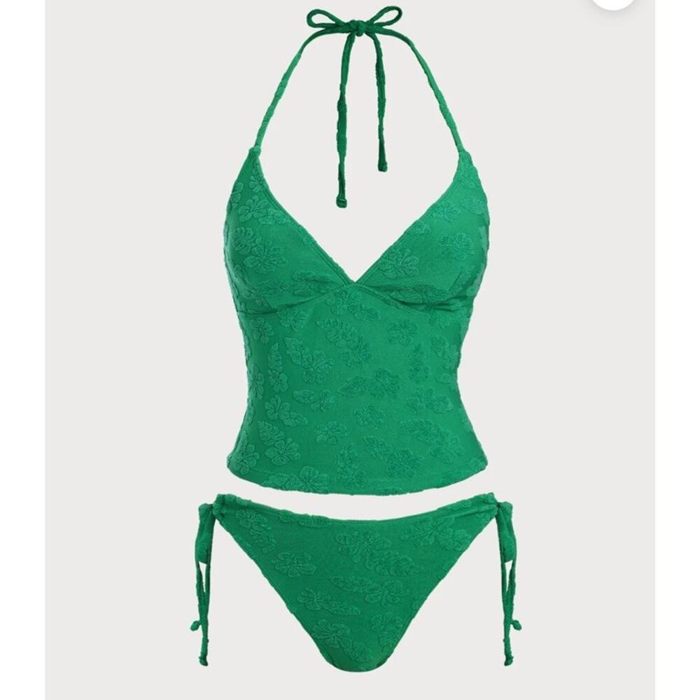 Samiol Medium Green Tropical Floral Terry Tankini Swimsuit New Size Medium - Picture 5 of 12